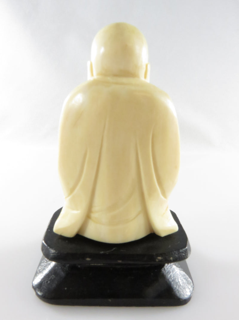 Old Carved Bone Statue Laughing Hotei Buddha Figurine on Wood Stand Chinese Art 2 3/4" Tall