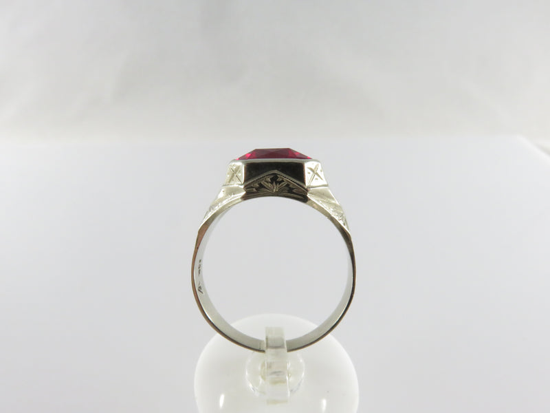Men's 10K White Gold Bezel Set Ruby Solitaire Art Deco Pinky Ring Size 10 1/2