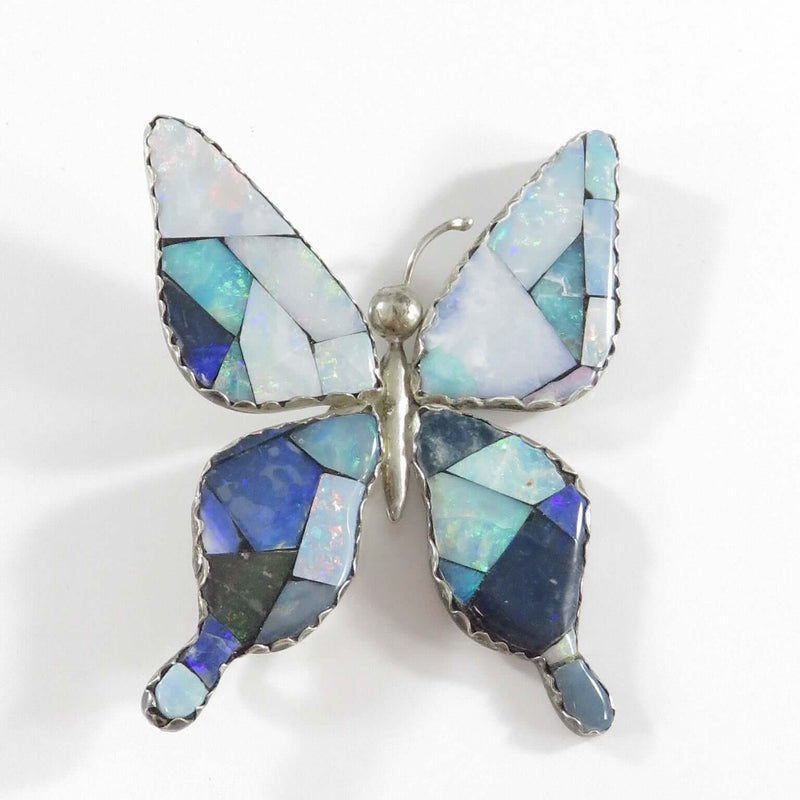 Large Unsigned Opal Doublet Inlaid Sterling Silver Butterfly Southwestern Style Brooch