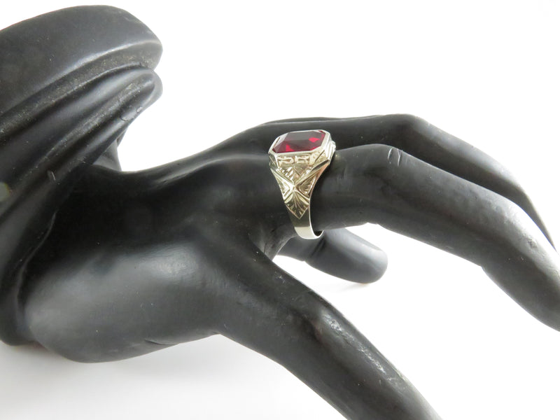Men's 10K White Gold Bezel Set Ruby Solitaire Art Deco Pinky Ring Size 10 1/2