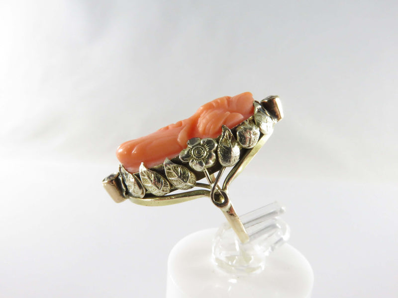 14K Carved Coral Cameo Diamond Fancy Setting Arts & Craft Ring Size 2 1/2