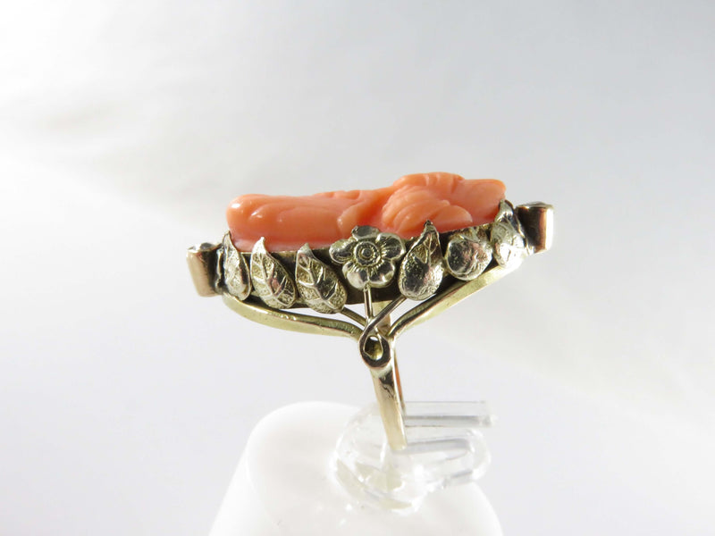 14K Carved Coral Cameo Diamond Fancy Setting Arts & Craft Ring Size 2 1/2
