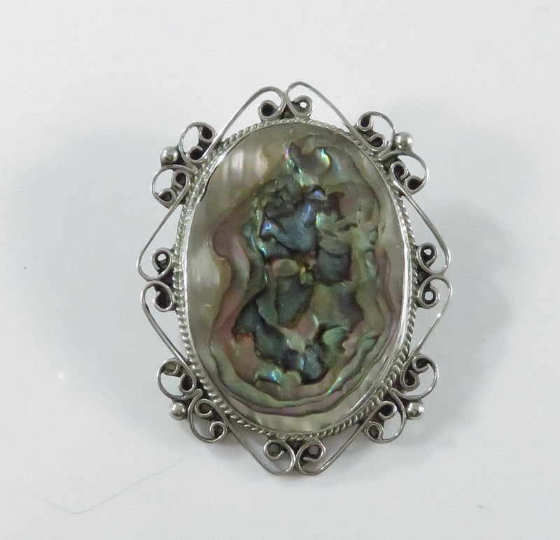 Vintage Abalone Sterling Silver Pendant Brooch Taxco Mexico E. Ortiz 2" H x 1 5/8" W