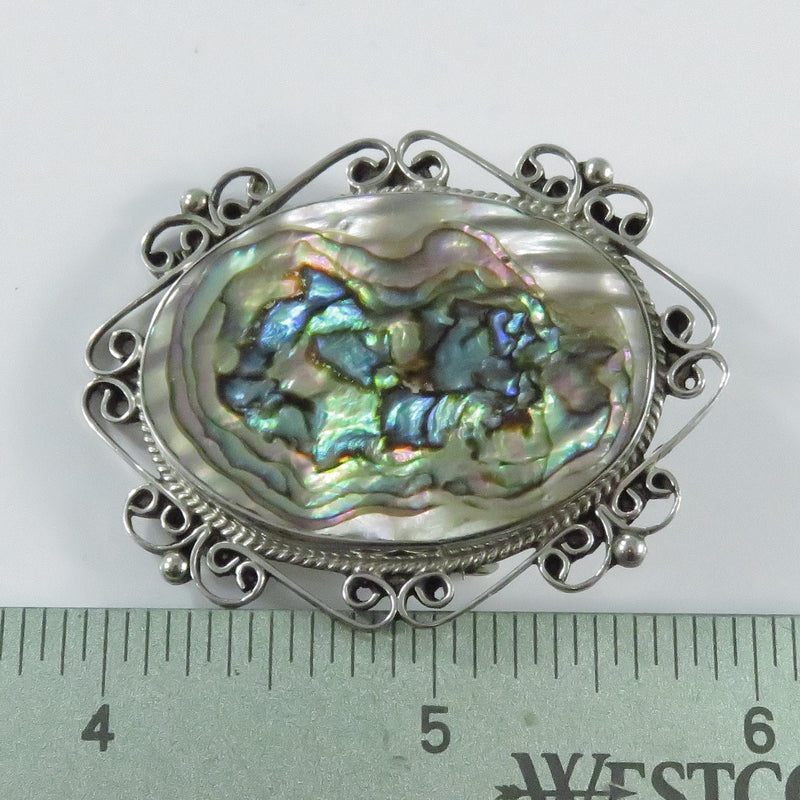 Vintage Abalone Sterling Silver Pendant Brooch Taxco Mexico E. Ortiz 2" H x 1 5/8" W