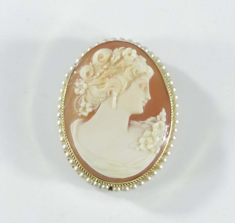 14K Right Facing Portrait Cameo Brooch Pendant With Pearl Surround by F&F Felger