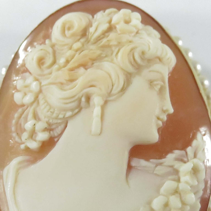 14K Right Facing Portrait Cameo Brooch Pendant With Pearl Surround by F&F Felger