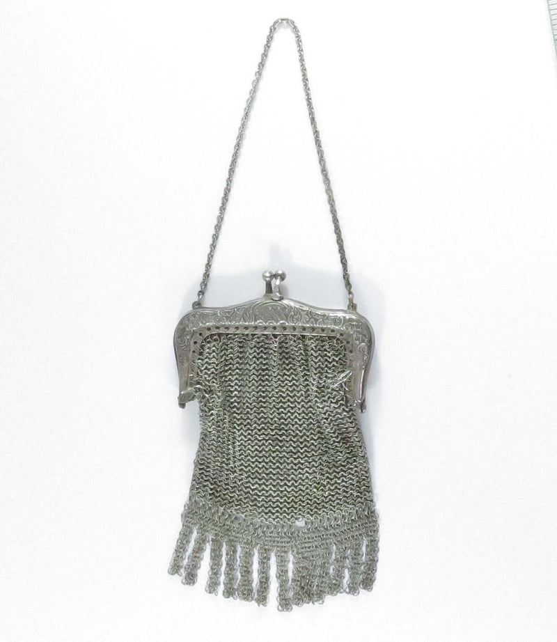 Antique Chain Coin Purse Full Mesh c1900 4 1/4" High Hand Made with Chain Strap