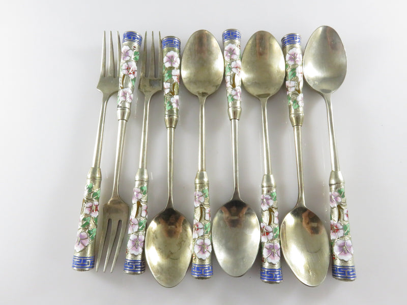 Vintage Seoul Korea Enameled Silver Tone Set of 6 Spoons and 3 Forks Souvenir