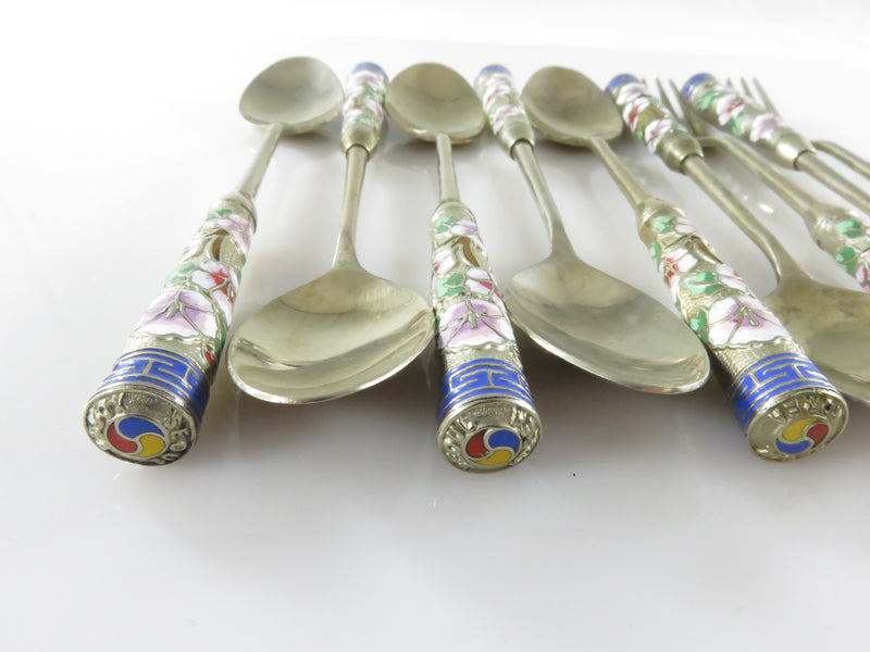 Vintage Seoul Korea Enameled White Metal Set of 6 Spoons and 3 Forks Souvenir