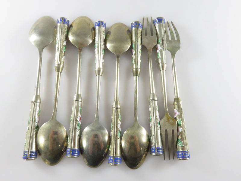 Vintage Seoul Korea Enameled Silver Tone Set of 6 Spoons and 3 Forks Souvenir