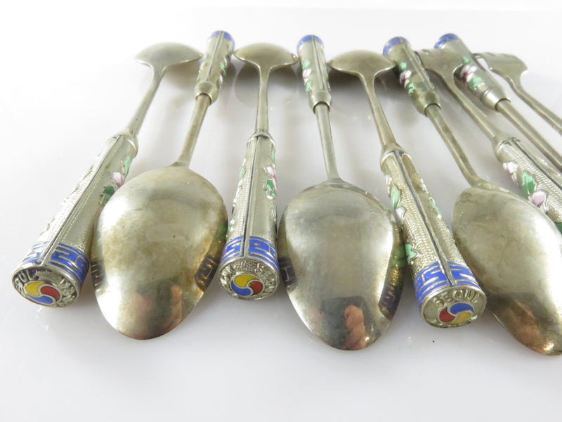 Vintage Seoul Korea Enameled White Metal Set of 6 Spoons and 3 Forks Souvenir