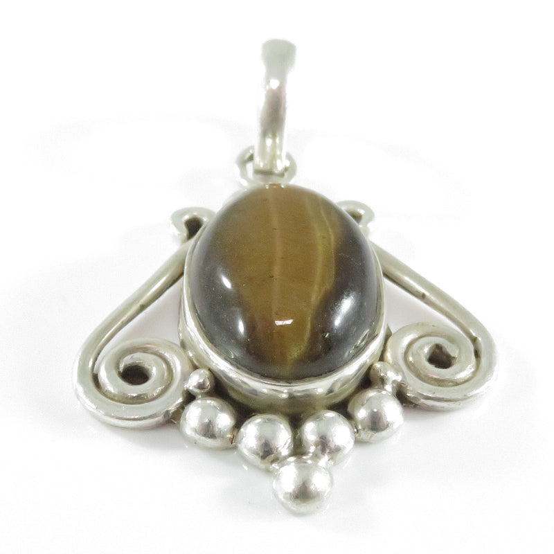 Southwestern Sterling Silver Swirl and Ball Accented Oval Polished Tigers Eye Pendant
