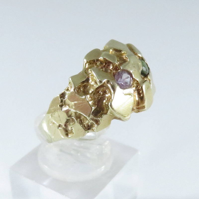 Retro Style Unisex 10K Yellow Gold Nugget Ring Green and White Stone Size 9.75