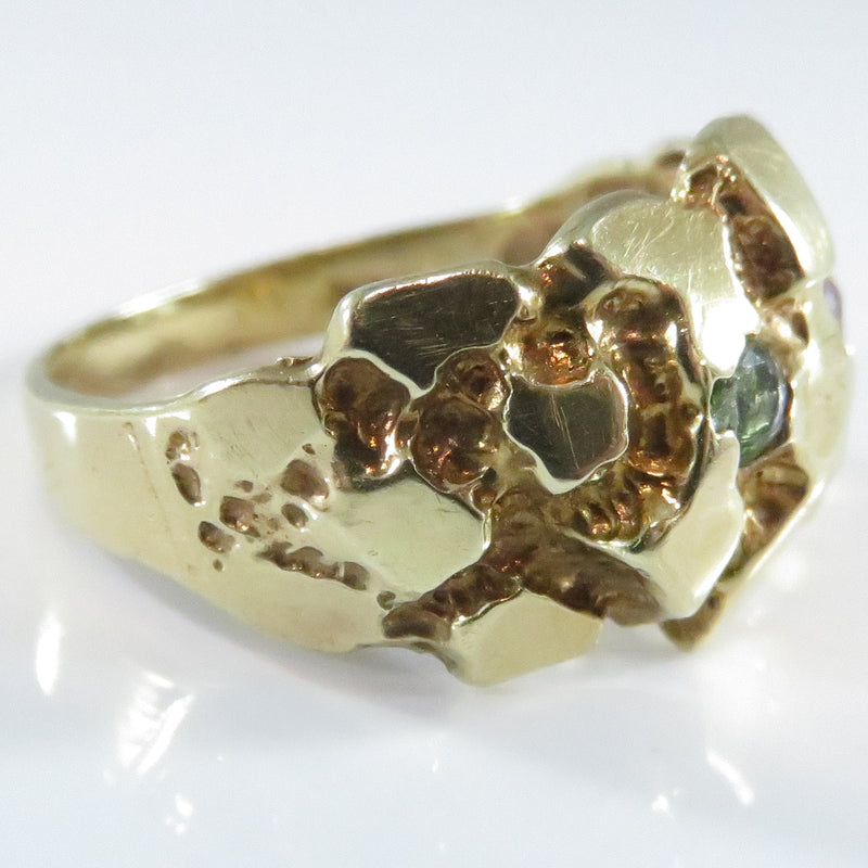 Retro Style Unisex 10K Yellow Gold Nugget Ring Green and White Stone Size 9.75