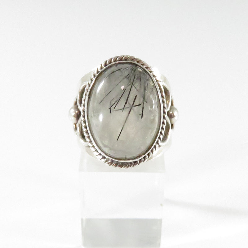 Vintage White Rutilated Quartz Cabochon Ring Sterling Silver Size 9 1/2