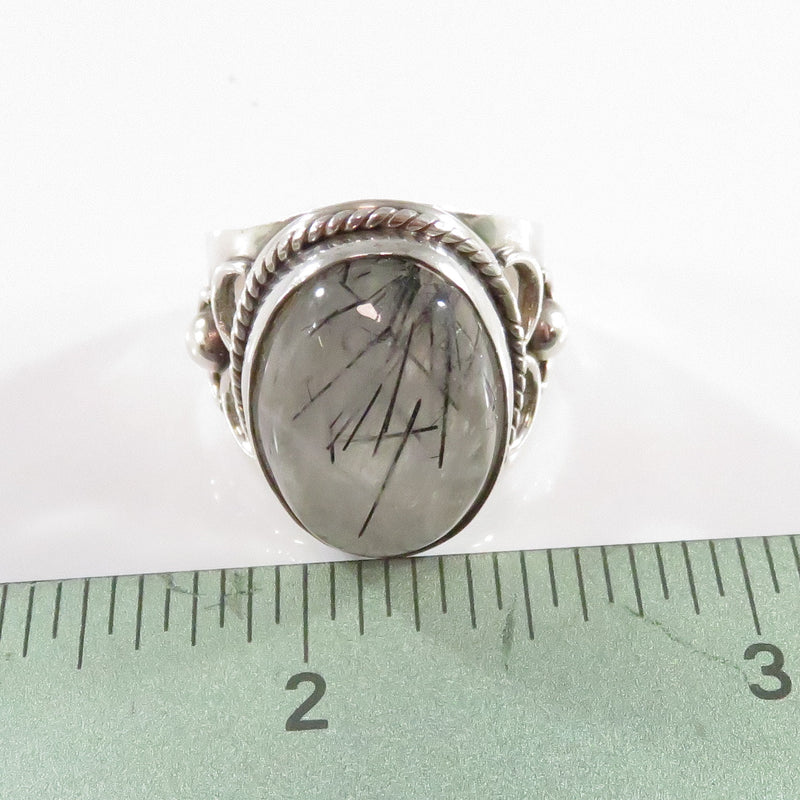 Vintage White Rutilated Quartz Cabochon Ring Sterling Silver Size 9 1/2