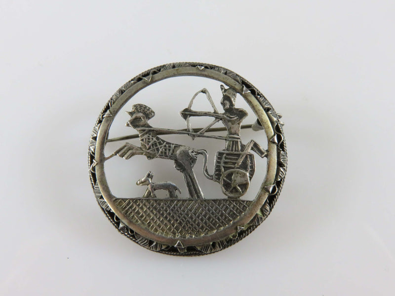 Egyptian Revival Ancient Chariot Dog Scene  Art Deco Pierced 800 Silver Pin