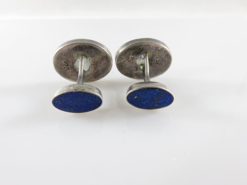 Vintage Southwestern Taxco Style 970 Silver Lapis Lazuli Inlaid Bean Back Barbell Cufflink Set