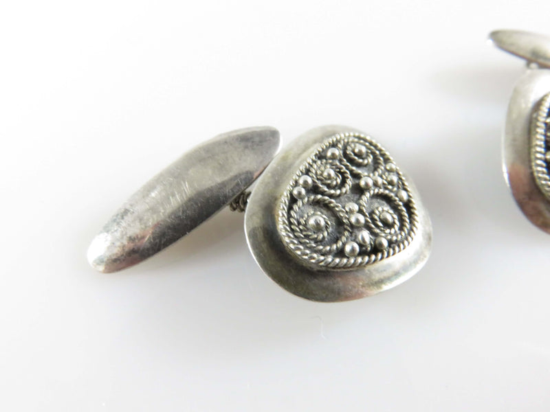 Antique Filigree & Ball Decorated Sterling Silver Cufflink with Bridge Pin Conne