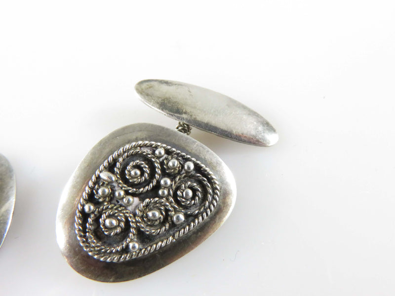Antique Filigree & Ball Decorated Sterling Silver Cufflink with Bridge Pin Conne