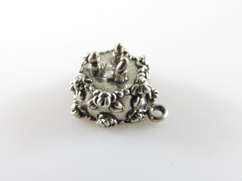 Vintage 3D Sterling Silver 3 Candle Flower Adorned Birthday Cake Charm Pendant