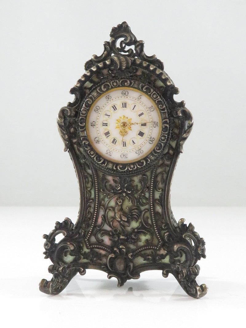 Victorian Miniature Clock, 800 Silver Mother of Pearl Keywind French Cabinet Clock