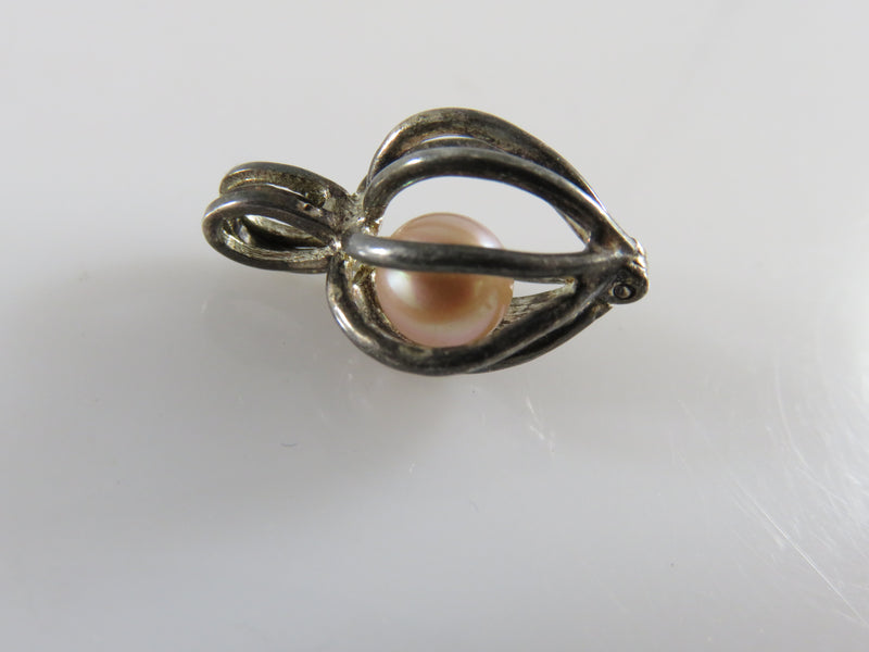Vintage LUC Sterling Caged Heart Pendant Charm Faux Caged Pink Pearl Heart