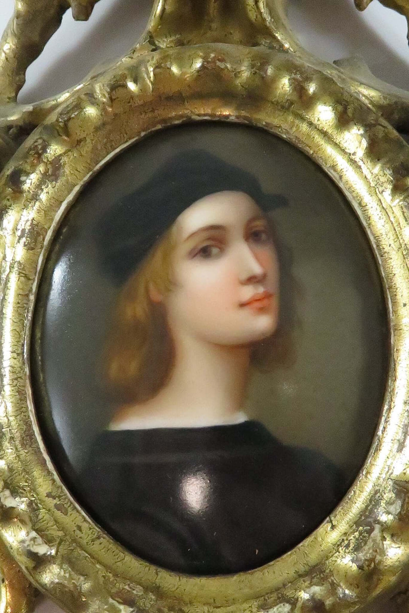 Antique Florentine Portrait Miniature of Raphael Sanzio Porcelain Plaque Hand Carved Gilded Frame