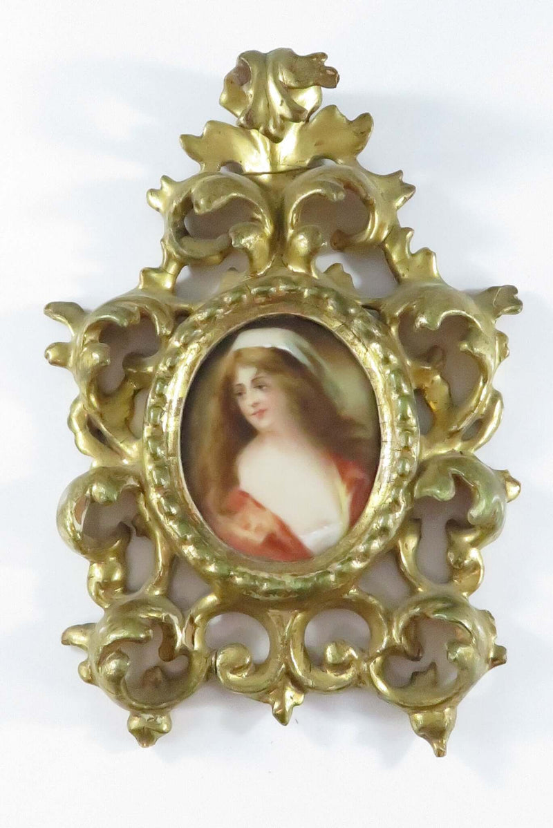 Antique Florentine Portrait Miniature Unknown Sitter Porcelain Plaque Hand Carved Gilded Frame