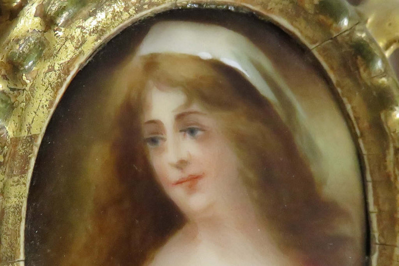 Antique Florentine Portrait Miniature Unknown Sitter Porcelain Plaque Hand Carved Gilded Frame