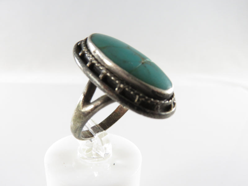 Old Pawn Trading Post Era Navajo Turquoise Scrolling Shadowbox Finger Ring Size 5.5