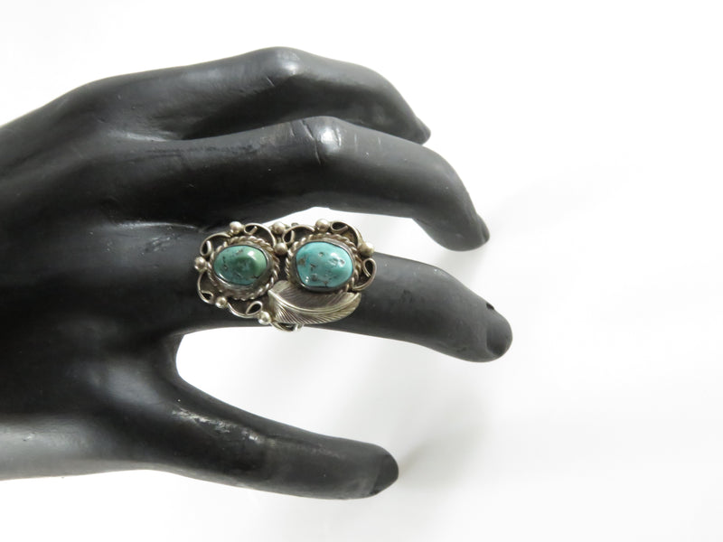 Old Pawn Navajo Double Turquoise Scrolling Feather Finger Ring Size 8.75
