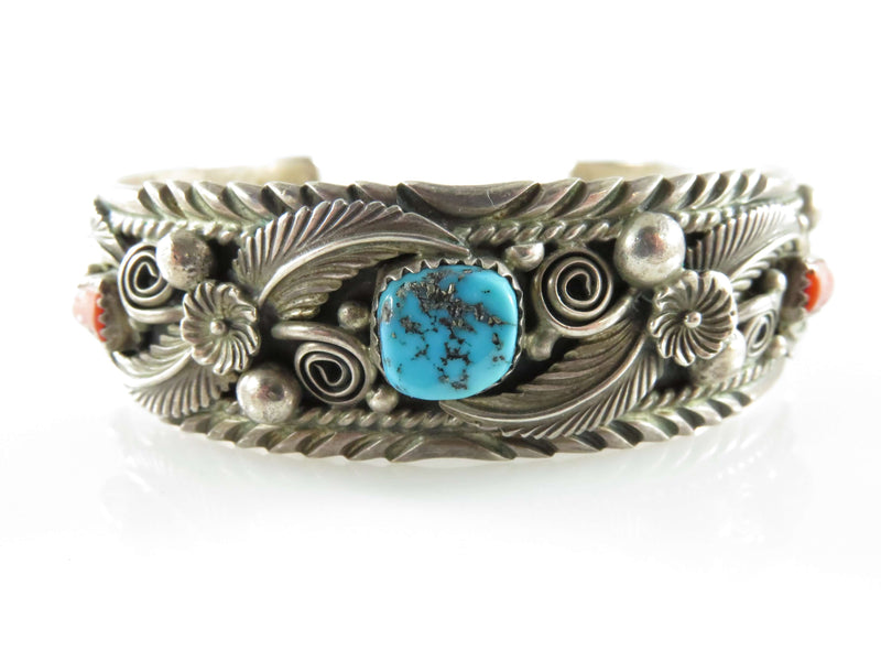 Beautiful Sterling Silver Turquoise & Coral Navajo Henry Addikie Cuff