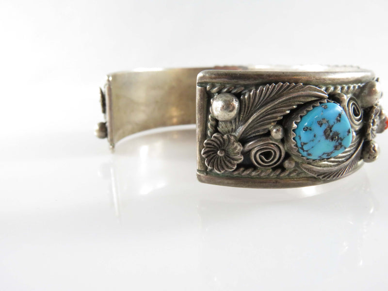 Beautiful Sterling Silver Turquoise & Coral Navajo Henry Addikie Cuff