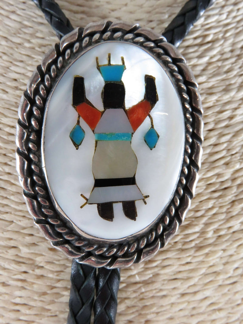 Circa 1960 Zuni Apache Ghan Crown Dancer Inlaid Sterling Silver Bolo Tie Bennett
