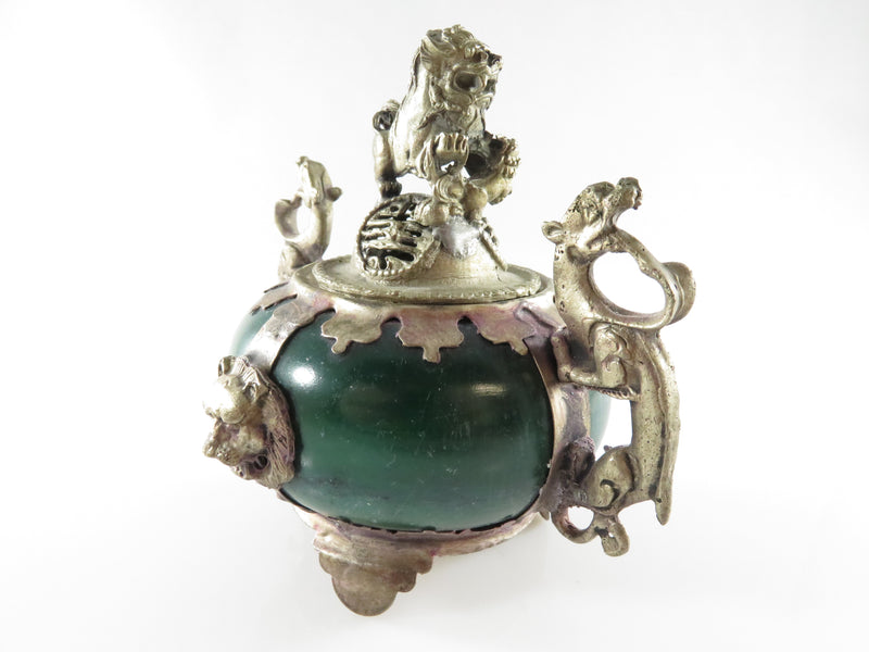 Vintage Tibetan Silver Green Nephrite Jade Dragon Foo Lion Incense Burner