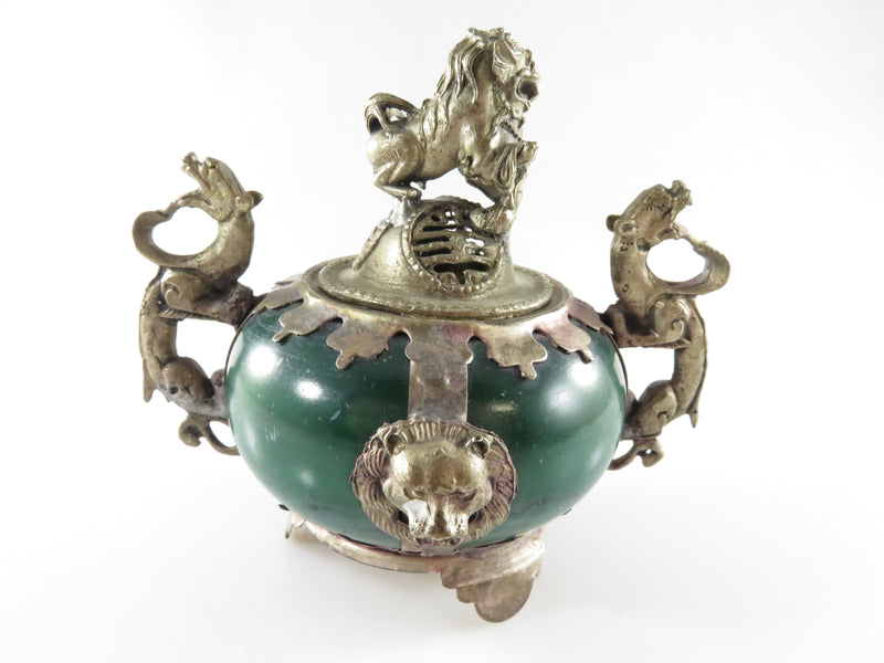 Vintage Tibetan Silver Green Nephrite Jade Dragon Foo Lion Incense Burner