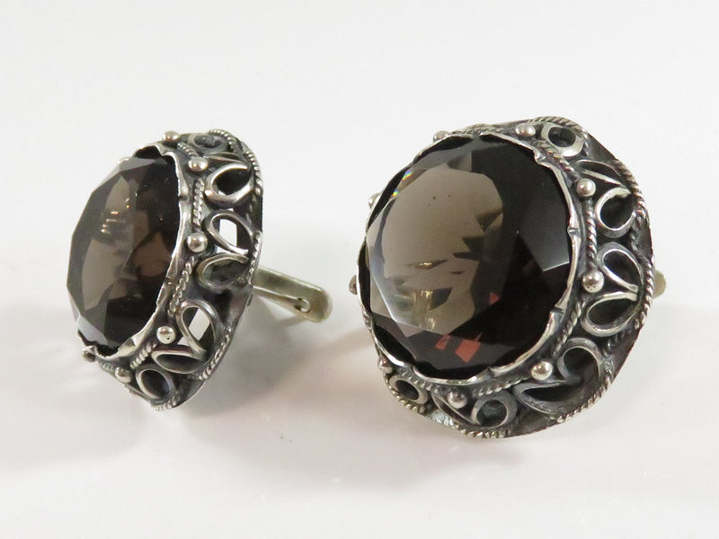 Vintage Large Haute Couture Silver and Brown Glass Pierced English Lock Earrings