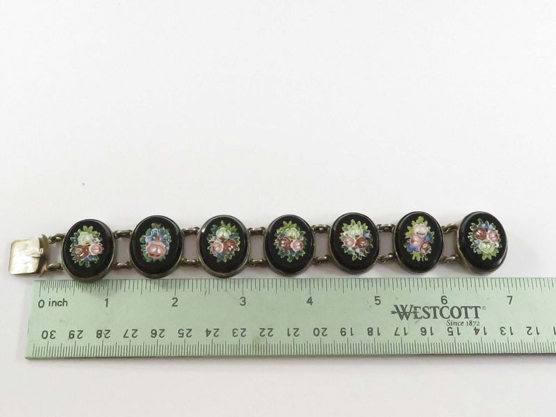 Antique Grand Tour Sterling Silver Micro Mosaic Floral 7 Link Onyx Slab Bracelet