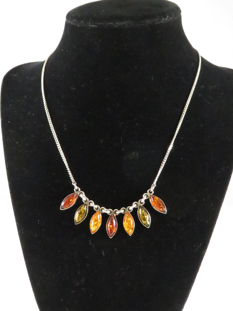 Sterling Silver Multi Colored Amber Choker Bib Style Necklace 16" Curb Chain
