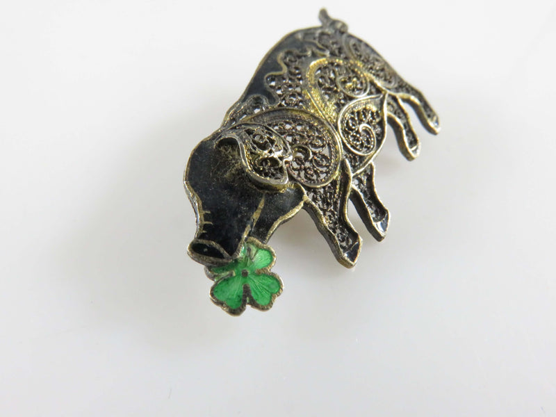 Antique Chinese Export Sterling Silver Enamel 4 leaf Clover Lucky Pig Filigree B
