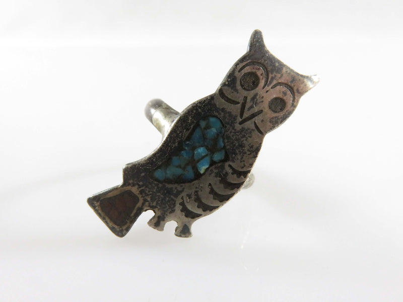 Circa 1975 Navajo Sterling Owl Ring Crushed Turquoise & Coral Inlay Size 5 1/2