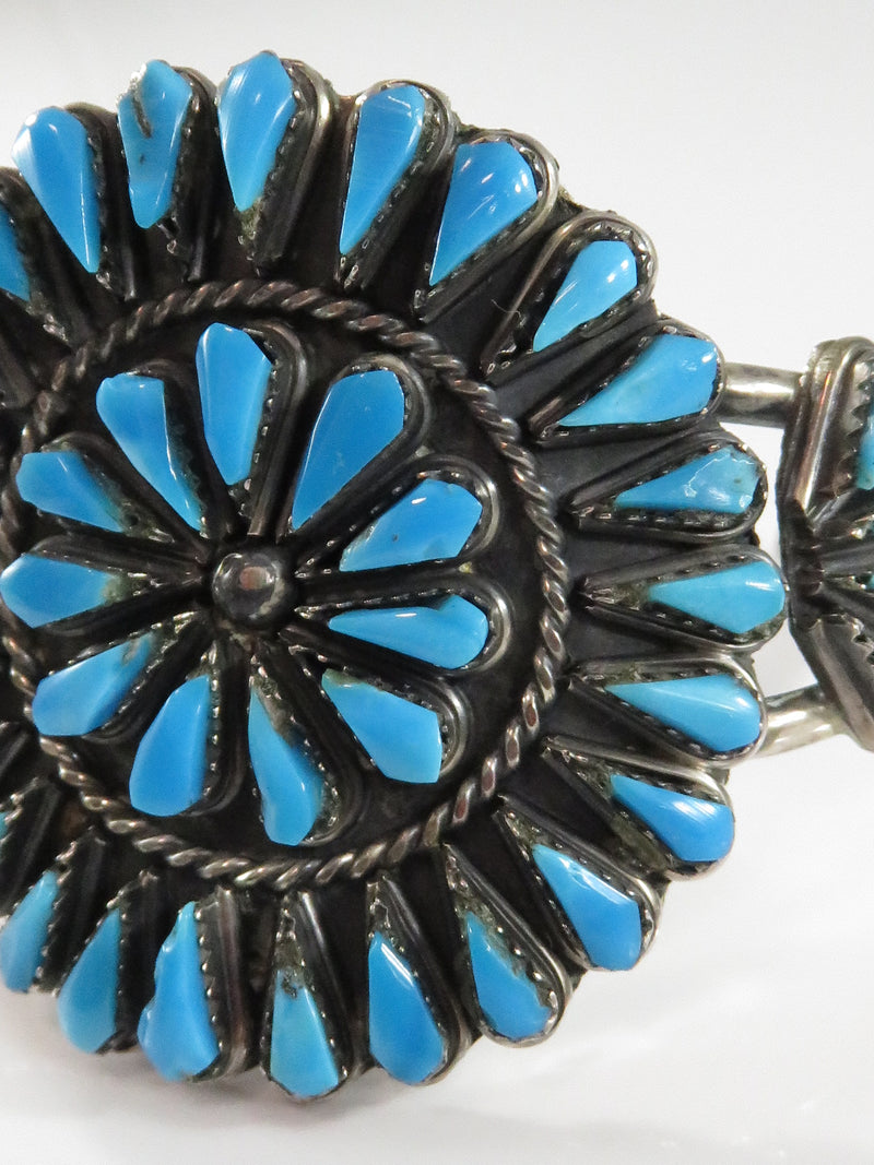 Vintage Southwestern Needlepoint Rough Cut Turquoise & Sterling Cuff Bracelet
