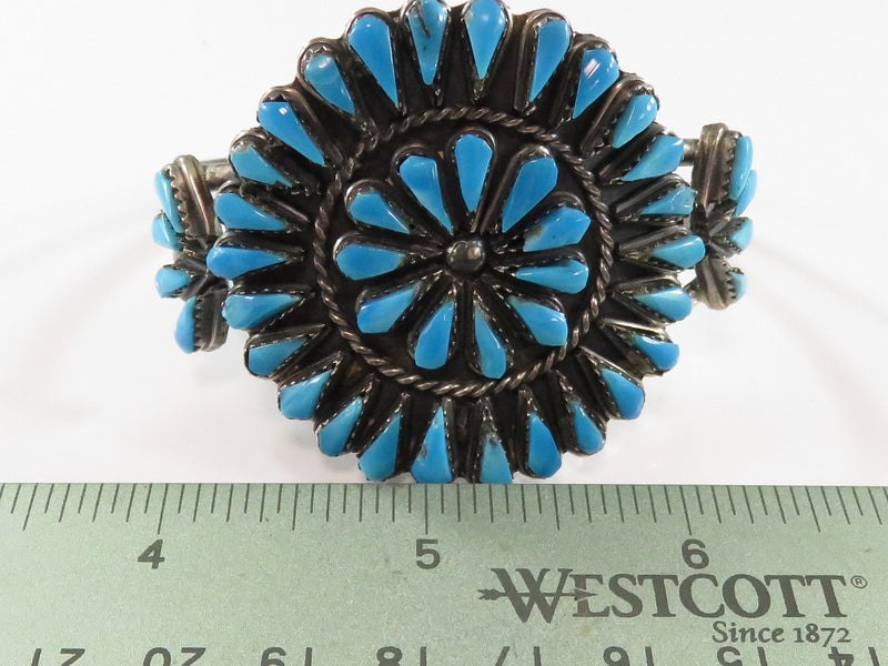 Vintage Southwestern Needlepoint Rough Cut Turquoise & Sterling Cuff Bracelet