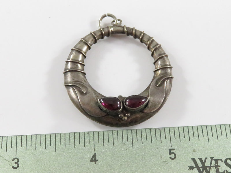 Sterling Silver and Deep Red Garnet Hoop Pendant Southwesters 1 1/2"