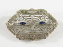 Lovely 14K Art Deco White Gold Diamond & Sapphire Pierced Filigree Brooch 1 3/8" x 7/8"
