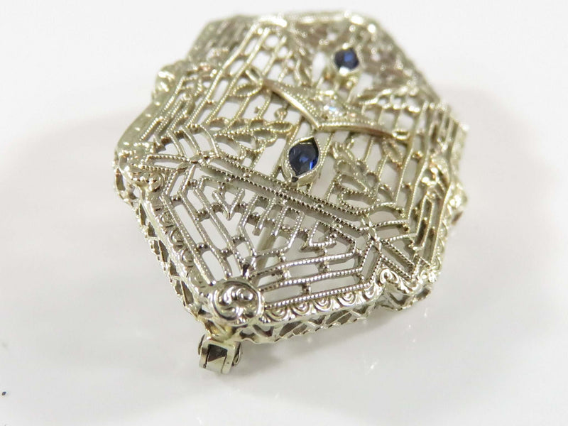 Lovely 14K Art Deco White Gold Diamond & Sapphire Pierced Filigree Brooch 1 3/8" x 7/8"