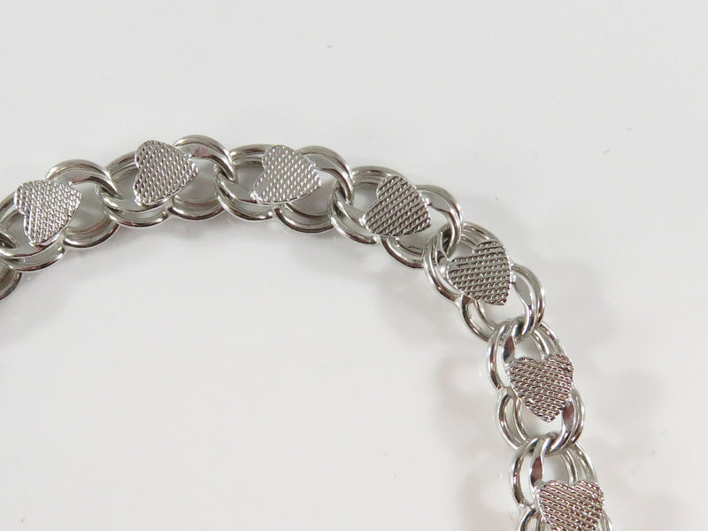 Vintage Sterling Silver 7" Heart Decorated Charm Bracelet No Tarnish Double Link Slide Lock