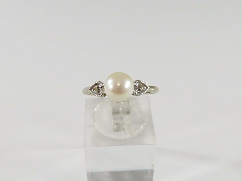 14K White Gold & 6.5mm Round Solitaire Pearl & Diamond Engagement Ring Size 7