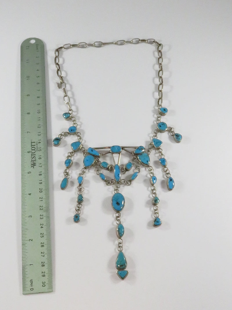 Vintage Unusual Harry Spencer Navajo Sterling Silver Turquoise Festoon Bib Style Necklace